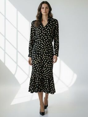 Vintage Ann Tijian for KENAR 2 Black Polka Dot Long Sleeve Silk Midi Dress